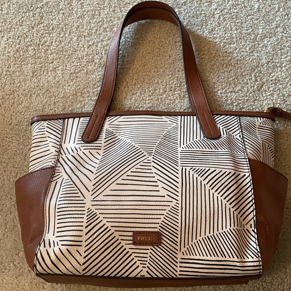 Fossil White/Black/Brown Geometric Print Shoulder Bag